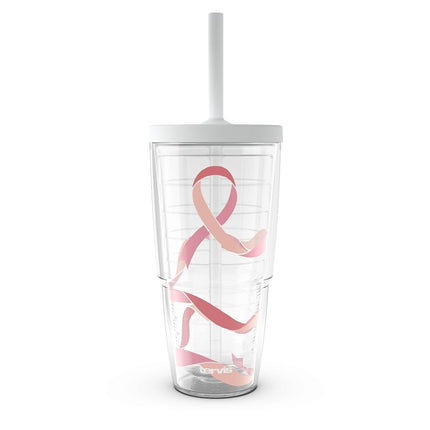 Tervis Gobelet isotherme double paroi fabriqué aux États-Unis avec ruban rose de l'espoir, pour boissons chaudes et froides, 700 ml avec couvercle à paille, classique