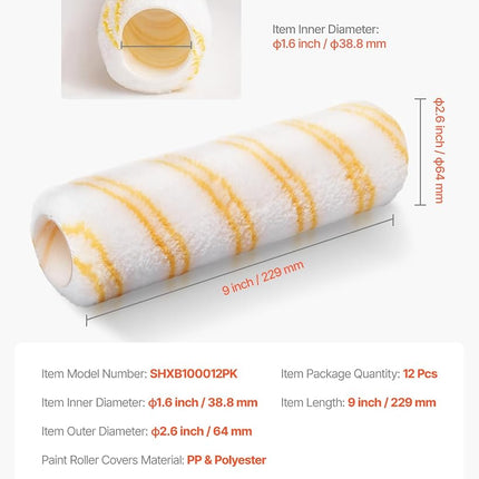 VEVOR Paint Roller Covers, 12 Pack 9 Inch Shedless Roller Covers, 3/8 Inch Nap High Dense Roller Covers for Roller Frame & Paint Roller Kit, Paint Rollers for Painting Walls, House Painting Supplies