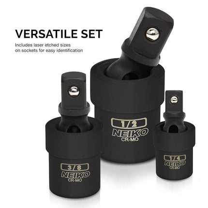 NEIKO 3-Piece Impact Universal Joint-Socket Swivel Set, Socket Extension Set Made from Cr-Mo Steel, Black, 1/4", "3/8", "1/2-Inch Sockets