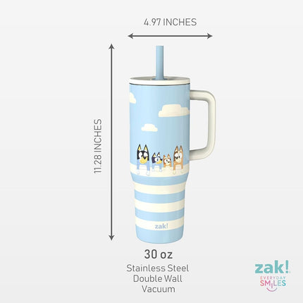 Zak Designs Bluey Sutton Travel Tumbler for On The Go, 30oz Stainless Steel with Vacuum Insulation, Silicone Straw, and Carry Handle for Cold Drinks (Bluey, Bingo, Bandit, Chilli)