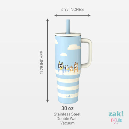Vaso de viaje Sutton de Bluey de Zak Designs para llevar, de acero inoxidable de 887 ml con aislamiento al vacío, pajita de silicona y asa para bebidas frías (Bluey, Bingo, Bandit, Chilli)