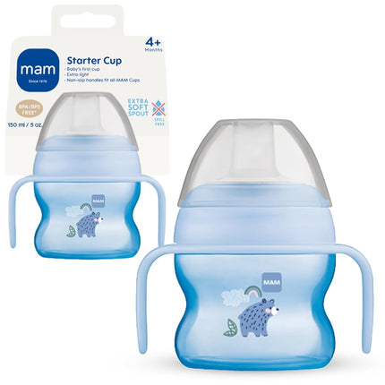 Vaso de iniciación MAM (1 unidad), vaso entrenador, vaso para beber con boquilla antisalpicaduras extrasuave y asas antideslizantes, para niños de más de 4 meses, cinco onzas, azul