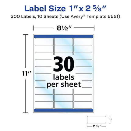 Avery Glossy Clear Address Labels, Sure Feed Technology, Laser/Inkjet, 1" x 2-5/8", 300 Labels, 5 Packs (6521)