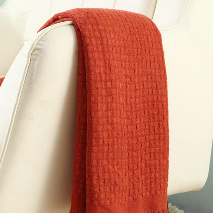CREVENT 127x152cm Farmhouse Breathable Lightweight Spring Summer Fall Knit Throw Blanket for Couch Chair (Burnt Orange/Rust Brick Red - Waffle)