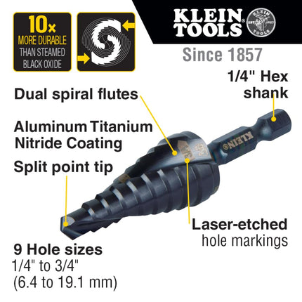 Broca escalonada Klein Tools QRST03, de liberación rápida en espiral de doble estría, de 1/4 a 3/4 pulgadas, vástago hexagonal, para cortar acero, madera, plástico, aluminio