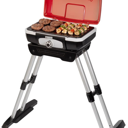 Parrilla de gas portátil Cuisinart Petite Gourmet con VersaStand®, barbacoa compacta pequeña de mesa, superficie de cocción de 150 pulgadas cuadradas, quemador de 5,500 BTU, base telescópica ajustable y asas de transporte (CGG-180C)