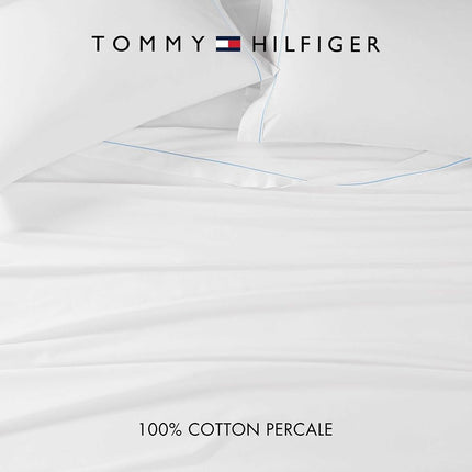 Tommy Hilfiger - Sheet Set, Cotton Percale Bedding with Matching Pillowcase, Crisp & Cool, Solid Design with Hem Stripe (White/Blue, Twin)
