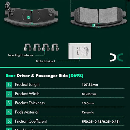 SCITOO D1159 D698 Front Rear Ceramic Brake Pads Sets Fit For Buick Allure 2008-2009,For Buick LaCrosse 2008-2009,For Chevrolet Impala 2006-2010,For Chevrolet Monte Carlo 2006-2007