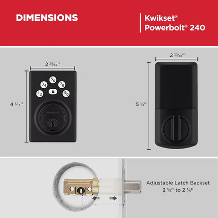 Kwikset Powerbolt 240 5-Button Keypad Matte Black Contemporary Electronic Deadbolt Door Lock, Featuring Convenient Keyless Entry, Customizable User Codes and Auto Locking