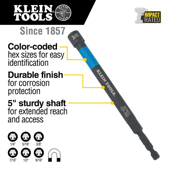 Klein Tools 32930 SAE Magnetic Impact Nut Setter Set, 6-Piece Color Coded Power Nut Setter, Extended Reach Nut Driver Bit Set with 6 SAE Sizes