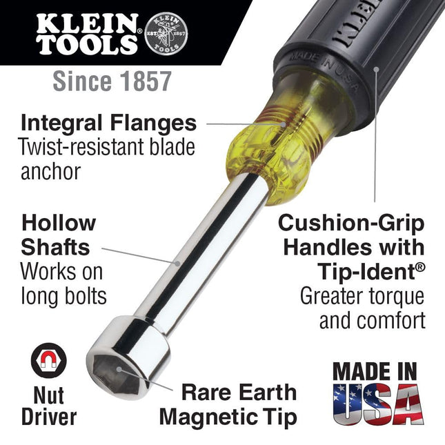 Klein Tools 630-1/4M Nut Driver, Made in USA, 1/4-Inch Magnetic Tip Nut Driver with 3-Inch Hollow Shaft, Cushion Grip Handle