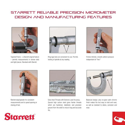 Starrett 436.1XRL-2 Outside Micrometre, Ratchet Stop, Lock Nut, Carbide Faces, 1-2" Range, 0.001" Graduation, +/-0.0001" Accuracy
