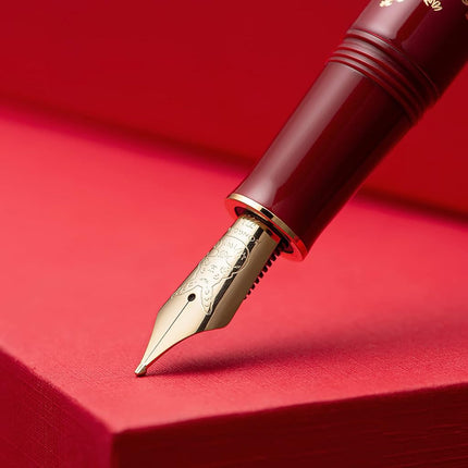 HONG DIAN N23 Red Rabbit Fountain Pen, Long Blade Medium Nib Gold Trim, New Year Lucky Rabbit Carving Design, Smooth Writing Pen with Converter and Metal Pen Box Set