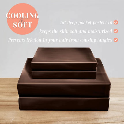 Elegant Comfort Luxurious 4-Piece Silky Satin Sheet Set, Skin and Hair Friendly, Wrinkle, Fade, Stain Resistant with Deep Pockets Fitted Sheet, Cooling Soft Satin Sheets, Queen, Chocolate Brown