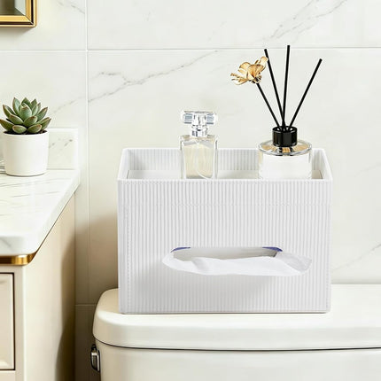 Cretkhp Rectangular Tissue Box Cover with Storage Tray, PU Leather Tissue Box Holder for Bathroom Vanity Countertop Night Stands Bedroom Office Desk, Stylish Tissue Holder Decorative Organizer (White)