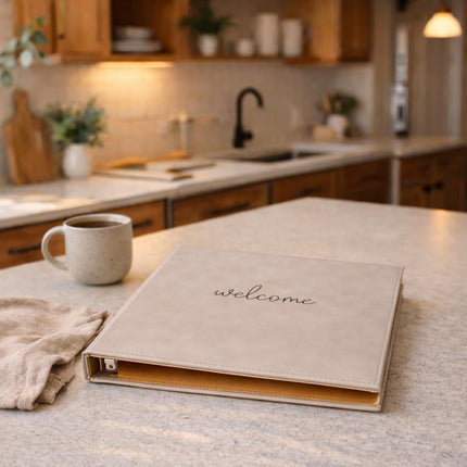Paper 'n Such Welcome Binder for Short Term Rentals – Grey Faux Leather 3 Ring Folder for Airbnb, Vacation Home, House Manual & Guest Information - Letter Size