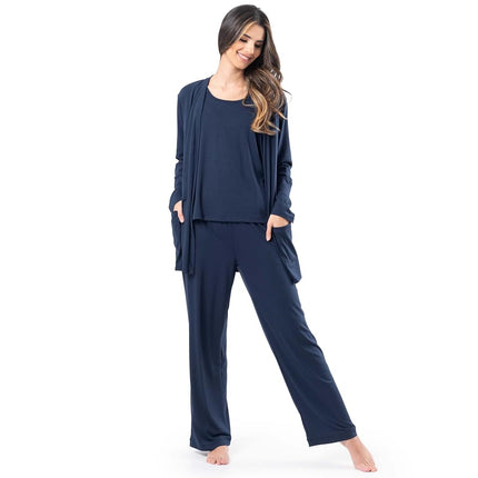 Conjunto de pijama de camiseta sin mangas, pantalón y cárdigan transpirable Fruit of the Loom para mujer, azul medianoche, S