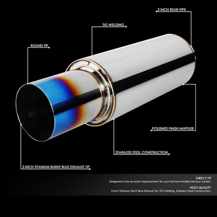 DNA MOTORING EXA-MF-001-T2 Stainless Steel Straight Through Exhaust Muffler Universal, 3" Outlet, 2" Inlet,Burnt Tip