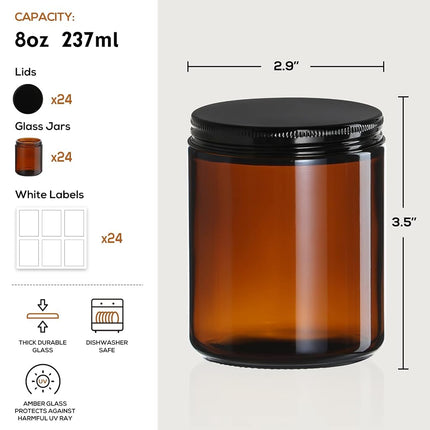 24 Pack 8oz Amber Glass Jars with Black Lids - For Candle Making, Food Storage, Canning, Spices, Liquids - Leakproof & Dishwasher Safe