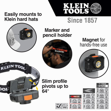 KLEIN TOOLS Rechargeable 2-Color LED Headlamp, Fabric Strap, Spotlight, Floodlight, Red LED, 800 Lumens, USB Cable, Camping, Running 56414