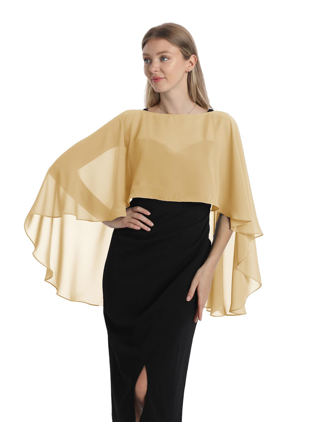 Hotshawl Capelets for women Chiffon Cape Shawls and Wraps for Evening Dress Wedding Capes Cover Up, Gold, One Size