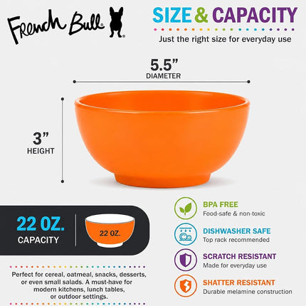 French Bull Melamine Cereal Bowls, Small Serving Bowl -Snack, Pasta, Salad, Rice, Oatmeal, Kids- Shatter Proof, Food Safe, BPA Free, Dishwasher Safe, 5.5”, 22oz, Multicolor, 6-Piece Set