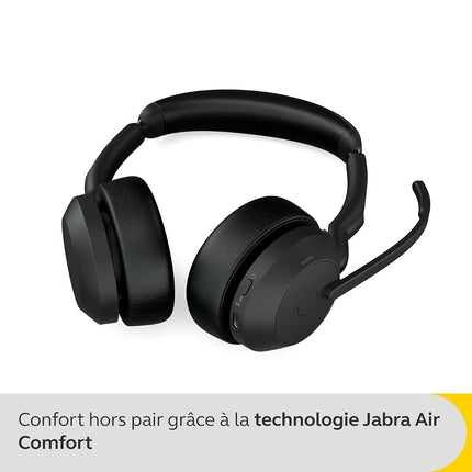 Jabra Evolve2 55 Stereo Wireless Headset with Charging Stand, Air Comfort Technology, Noise-cancelling Mics, Active Noise Cancellation - MS Teams Certified, Works with Other Platforms - Black