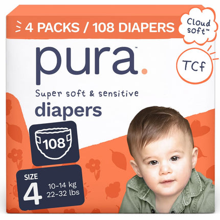 Pura Baby Diapers Size 4-108 Count, 22-32lbs, 12hr