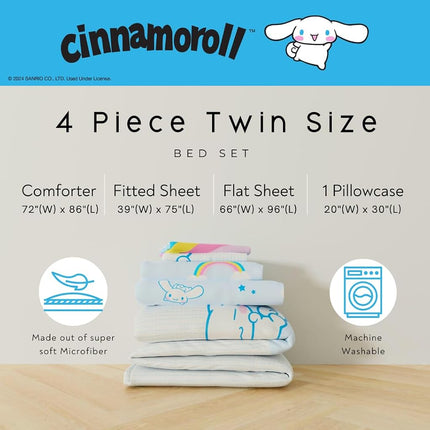 Cinnamoroll Bedding - 4 Piece Twin Size Bed Set - Super Soft Microfiber Comforter and Sheet Set, (Officially Licensed Product) by Franco Collectibles