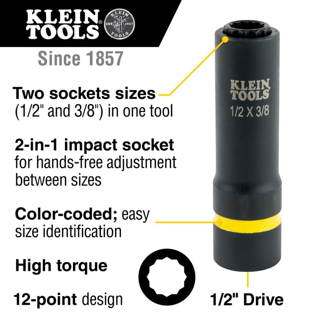 Klein Tools 66011 2-in-1 Impact Socket with 12-Point Deep Sockets, Coaxial Spring Loaded in 1/2- and 3/8-Inch Sizes