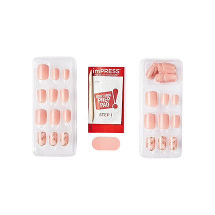 KISS imPRESS No Glue Mani Press On Nails, Design, 'Kingdom', Pink, Short Size, Squoval Shape, Includes 30 Nails, Prep Pad, Instructions Sheet, 1 Manicure Stick, 1 Mini File