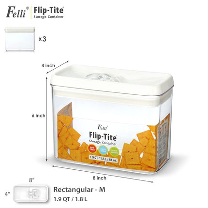 Felli Flip Tite Storage Container with Lid 4” RECTANGULAR Airtight Ring Flip Top, Stackable Kitchen Counter Pantry Organizer Acrylic Canister Jar for Pasta Spaghetti Cereal Granola Coffee (1.9qt)