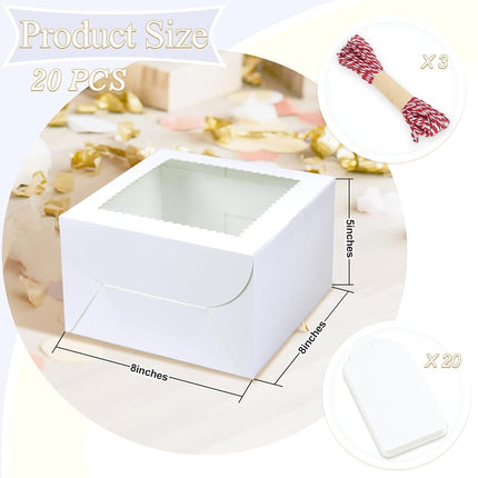 DOYIDE 20Pcs 8 Inch Cake Boxes with Window, 8x8x5 Inches White Bakery Box