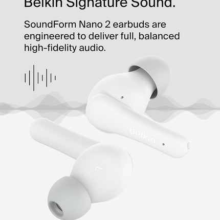 Belkin SoundForm Nano 2 Bluetooth Earbuds for Kids with Built-in Microphone, 28H Battery Life, Safe 85dB Volume, IPX5 Water Resistance - Kids Bluetooth Earbuds for iPhone,iPad,Galaxy,& More -White