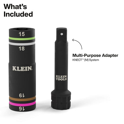 Klein Tools 6513MQS KNECT Impact-Rated Quad Socket Set, 4-In-1 Flip Socket Driver, Color-Coded, Heavy Duty Multi Tool, 3/8-Inch Drive, Metric 15mm, 16mm, 18mm, 19mm, KNECT Multi-Purpose Adapter