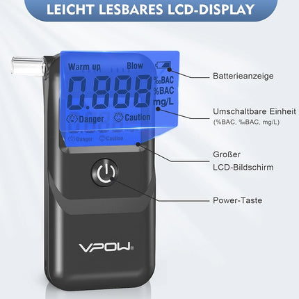 VPOW Breathalyzer, Alcohol Breathalyzer to Test Alcohol with Digital Blue LCD Display, Grade Accuracy Personal Breathalyzers Alcohol Tester for Personal Home Professional Use - Gray