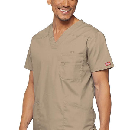 Dickies EDS Signature Scrubs for Women and Scrubs for Men, Unisex One Pocket V-Neck Top in Soft Brushed Poplin 83706, Khaki, XL