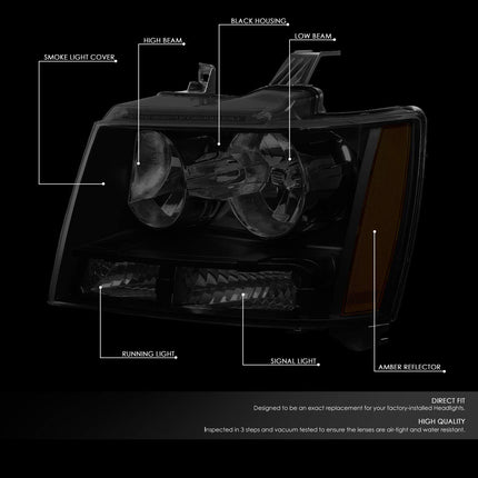 DNA MOTORING HL-OH-CSA07-BK-SM-AM Par de faros compatibles con Chevy Tahoe Suburban 1500 del 07 al 14 / Avalanche Suburban 2500 del 07 al 13, Negro/Ahumar/Ámbar
