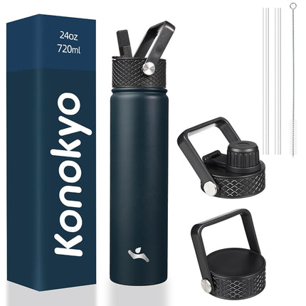 Konokyo Insulated Water Bottle with Straw,24oz 3 Lids Metal Bottles Stainless Steel Water Flask,Navy Blue