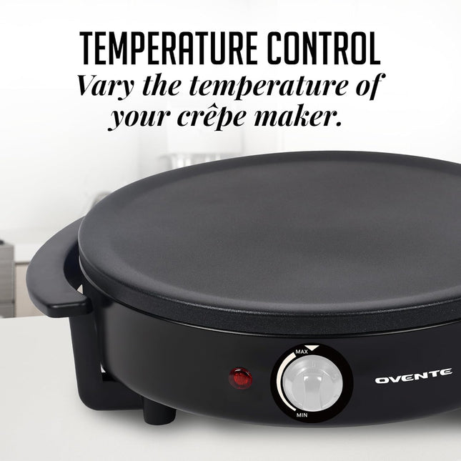 OVENTE Crêpière électrique et plancha 30,5 cm – Plaque chauffante antiadhésive avec température réglable, indicateur LED, étaleur de pâte et spatule, Noir CRM1122B