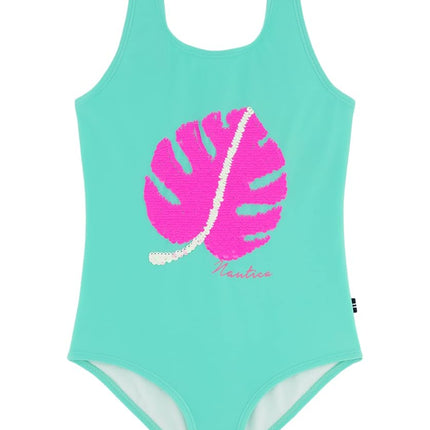 Bañador de una pieza para niña Nautica con protección solar UPF 50+, de secado rápido, Cockatoo Palm, 12-14