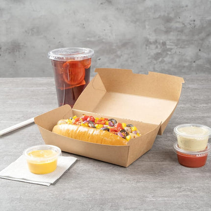 Restaurantware Hot Dog Box 100 Count 6.7 x 3.54 x 3.46 Inches Paper Kraft Rectangular Food Container Tab-Lock Sandwich Clamshell Grease-Resistant Kraft