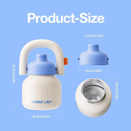 CHAKO LAB Water Bottle with Straw and Carry Handle | Wide Mouth Vacuum Insulated Stainless Steel Metal Bottles| Reusable, Leak-Proof & BPA Free | 1000ml White&Blue