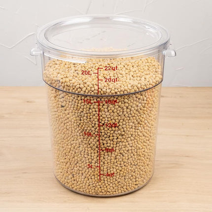 Restaurantware-Met Lux 22 Quart Food Storage Container, 1 Round Commercial Storage Container - Lid Sold Separately, with Volume Markers, Clear Plastic Food Prep Bucket, Space-Saving Storage