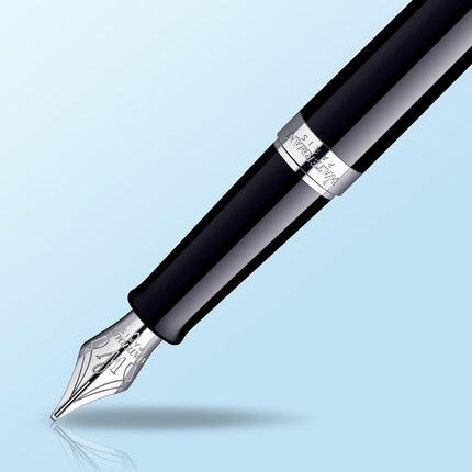 WATERMAN S0920530 Hémisphère Fountain Pen, Gloss Black with Chrome Trim, Medium Nib with Black Ink Cartridge, Gift Box