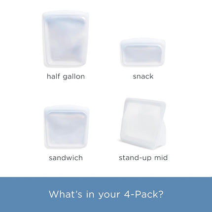 Stasher Platinum Silicone Food Grade Reusable Storage Bag, Clear (Bundle 4-Pack Large) | Reduce Single-Use Plastic | Cook, Store, Sous Vide, or Freeze | Leakproof, Dishwasher-Safe, Eco-friendly