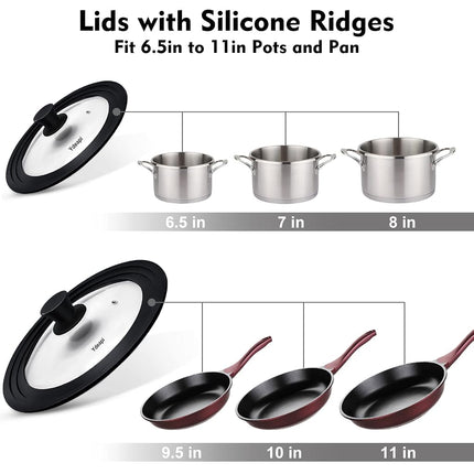Ydeapi Universal Lids for Pots, Pans & Skillets - Fits 6.5", 7" & 8" Diameter, 9.5", 10" & 11" Diameter Cookware，Tempered Glass with High Heat Resistant Silicone Rim-2PK Cookware（2PK）