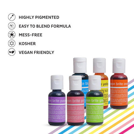 Chefmaster - Neon Liqua-Gel Food Coloring - Fade Resistant - 6 Pack of 20ml Bottles - Stunning Vivid Colors with Lightweight and Easy-To-Blend Formula