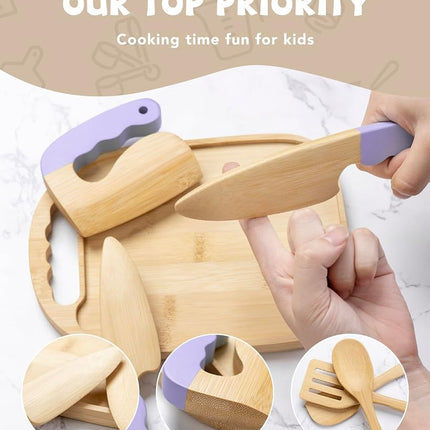 Wooden Kids Cooking Set Montessori Kit - Real Toddler Kitchen Tools & Baking Utensils - 15PCS Cooking Kit for Kids with Storage Bag, Great Gift for Pretend Play & Montessori Learning (Purple)