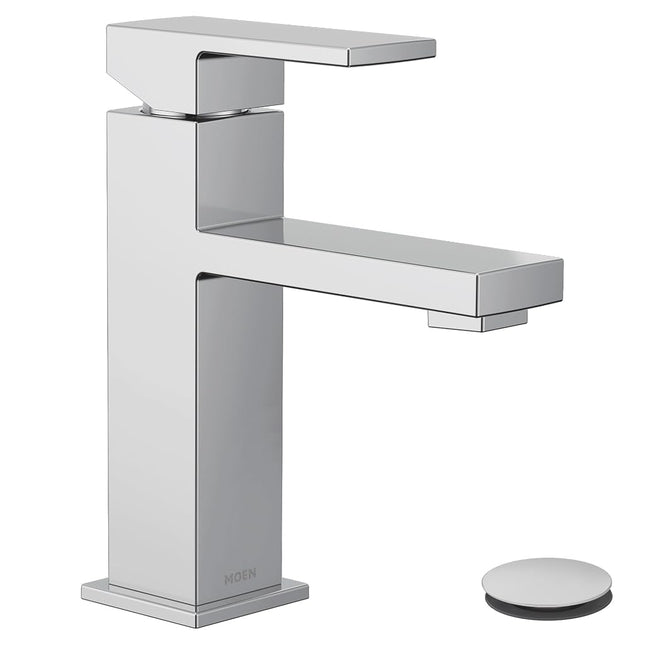 Moen Revyl Chrome One-Handle Single Hole Modern Bathroom Sink Faucet with Optional Deckplate and Spring Loaded Drain Assembly, 84771